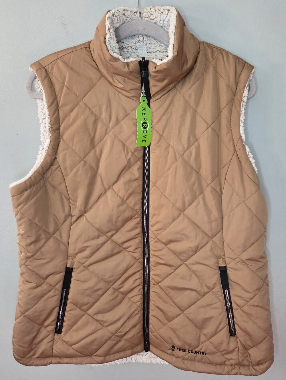 Free Country Womens Reversible Quilted Puffer Vest Camel Sherpa Lined Large New